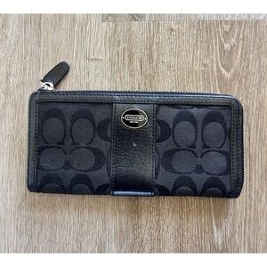 Coach Legacy Signature Slim Zip Wallet Black 'C' Fabric Leather Vtg Y2K